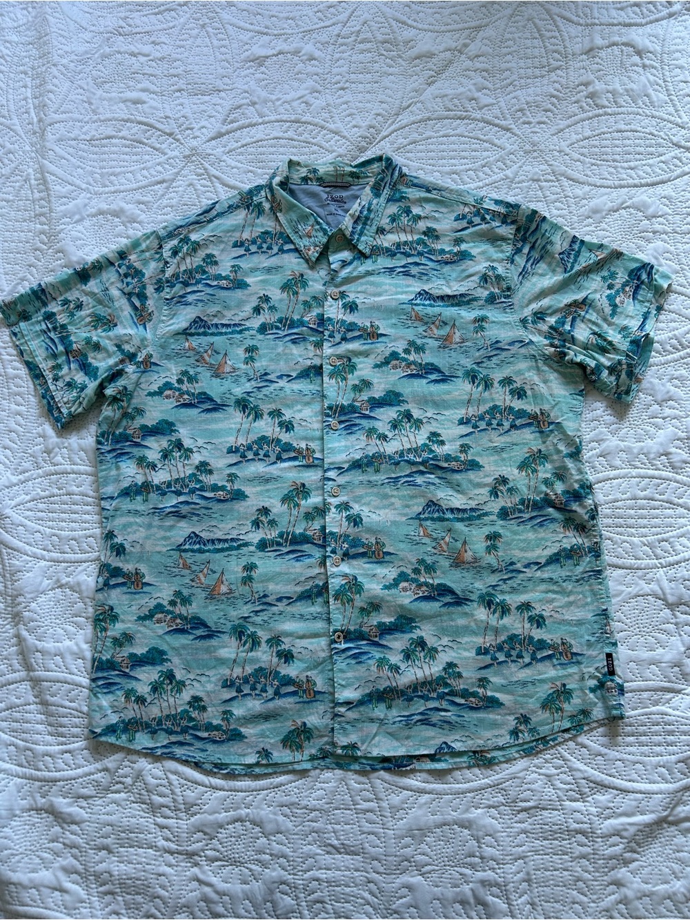 Men's Light Teal Hawaiian Print Short-Sleeve Shirt Relaxed Classics